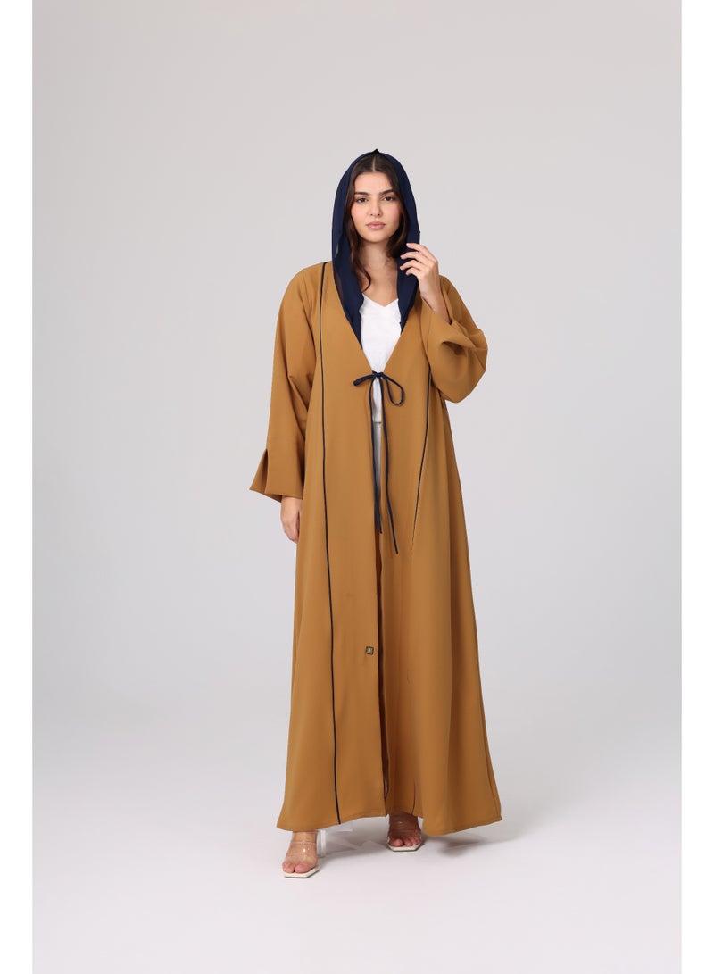 IKKXA Casual Front Tie Colored Abaya ABY1103 Brown - Image 1